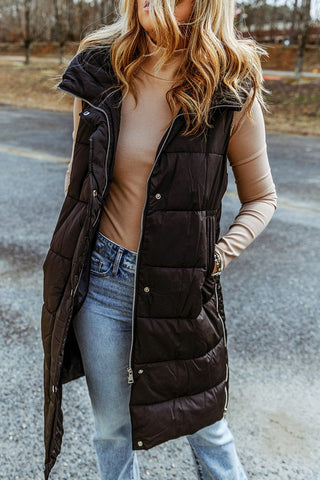 Black Hooded Long Quilted Vest